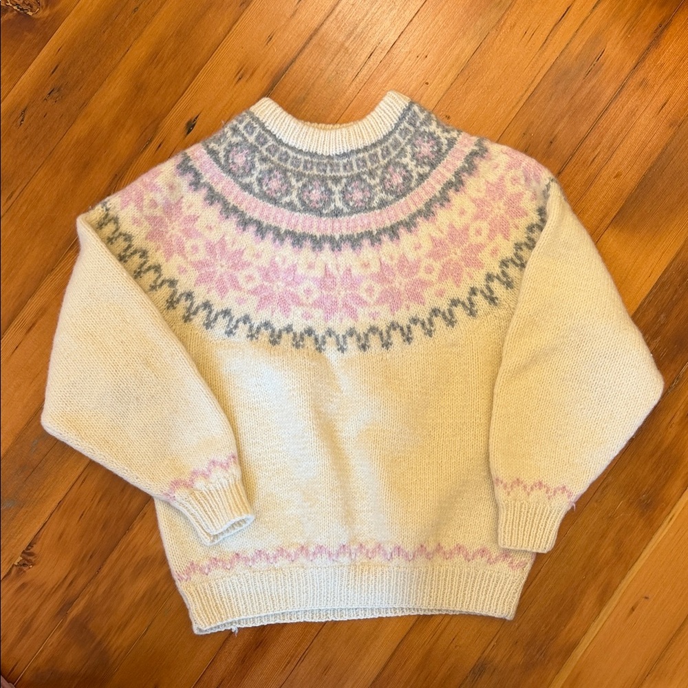 Vintage Handknit Eddie Bauer 100% Wool Fair Isle Sweater Sz L White Pink 1990
